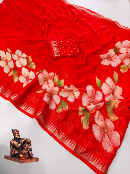 Premium Heavy Marsh Mellow Bentex Border Floral Kalamkari Print Saree