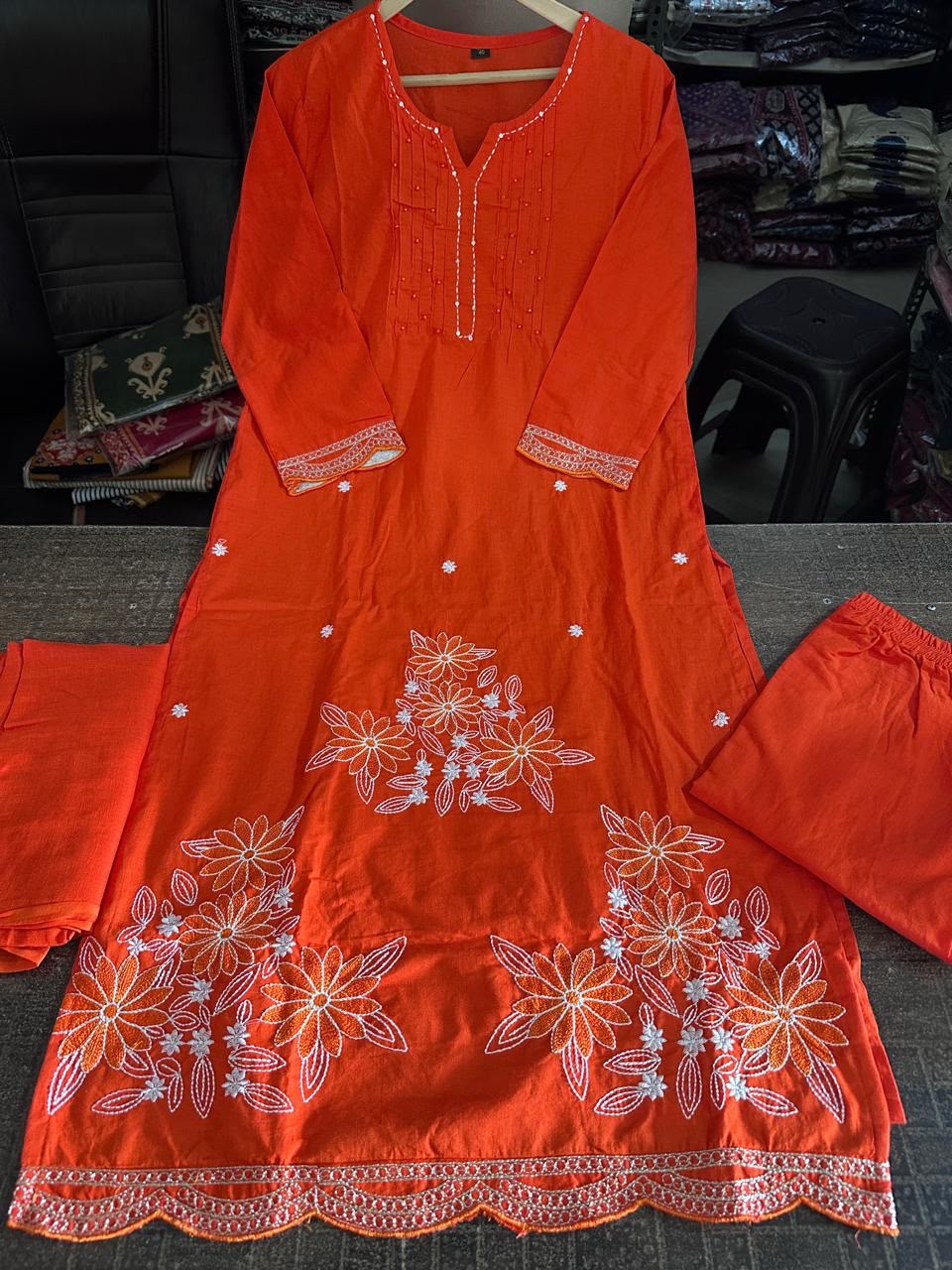 Pure Fine Cotton Embroidered Kurti Pant with Dupatta Set