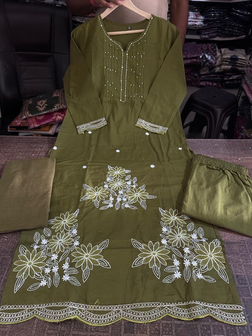 Pure Fine Cotton Embroidered Kurti Pant with Dupatta Set