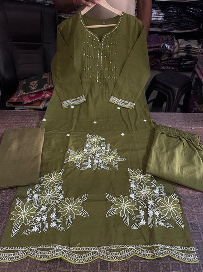 Pure Fine Cotton Embroidered Kurti Pant with Dupatta Set