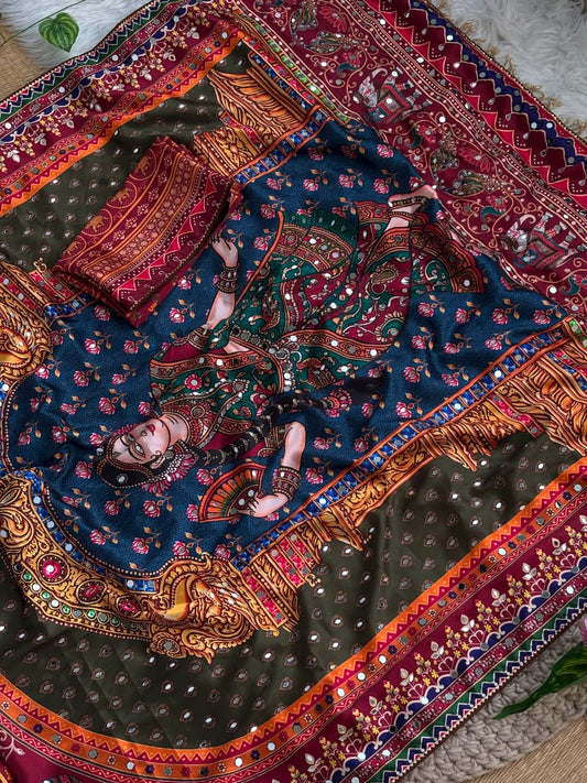 Rashmika Original Chinon Printed Saree with Hand-Embroidered Mirrors and Moti Tassels