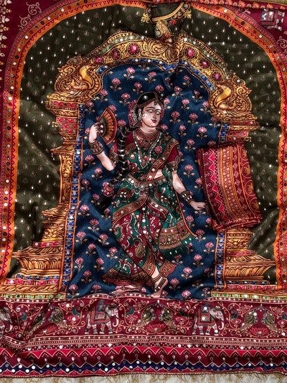 Rashmika Original Chinon Printed Saree with Hand-Embroidered Mirrors and Moti Tassels