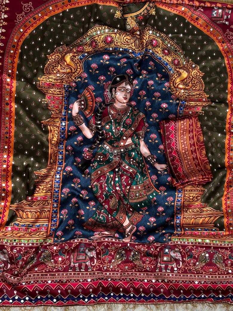 Rashmika Original Chinon Printed Saree with Hand-Embroidered Mirrors and Moti Tassels