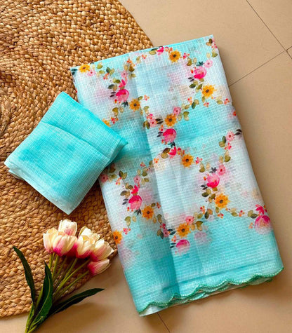Lightweight Kota Checks Floral Print Saree with Arco Cutwork Border