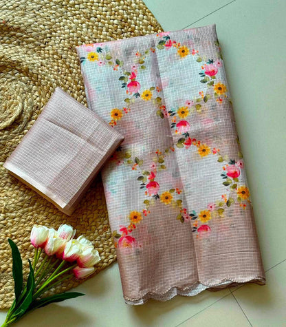 Lightweight Kota Checks Floral Print Saree with Arco Cutwork Border