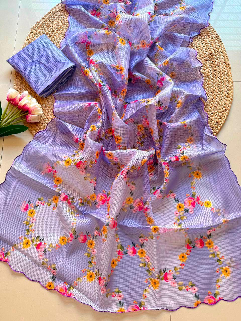 Lightweight Kota Checks Floral Print Saree with Arco Cutwork Border