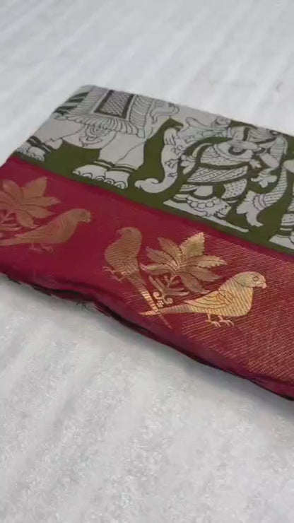 Mangalgiri Parrot Soft PV Mul Cotton Saree with Kalamkari Pallu