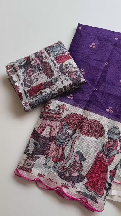 Madhubani Folk Art Printed Kota Chex Saree with Arco Cutwork Border
