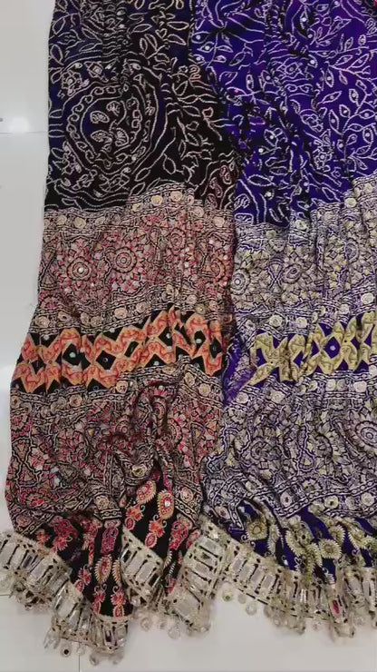 Pure Arjakh Satin Viscose Silk Saree with Designer Print, Mirror Work and Designer Blouse