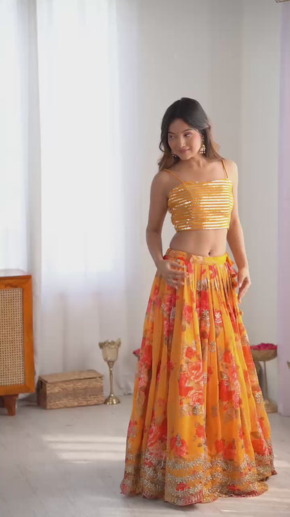 Faux Georgette Digital Print Semi-Stitched Lehenga Choli with Koti and Dupatta