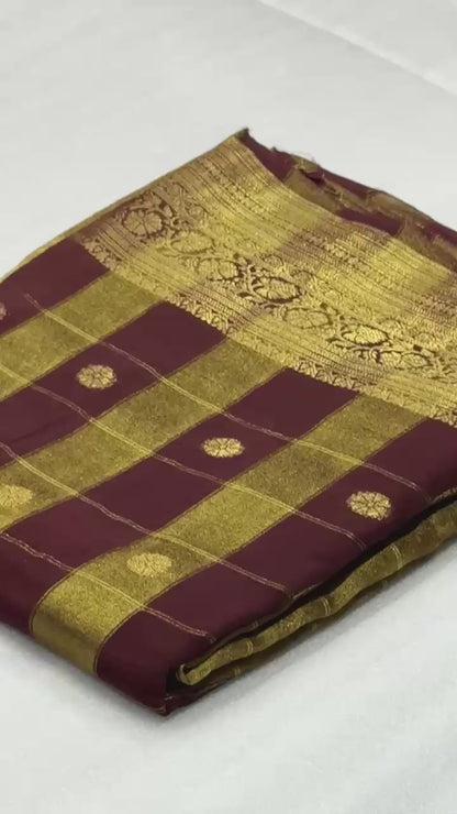 Pure Viscose Malai Silk Check Pattern Saree with Matching Blouse