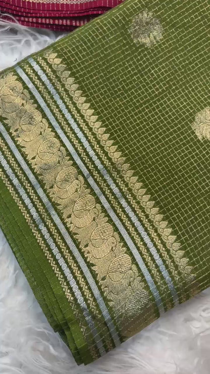 Golden Silver Pure Russian Dola Saree with Zari Peacock & Deer Weaving and Viscose Blouse
