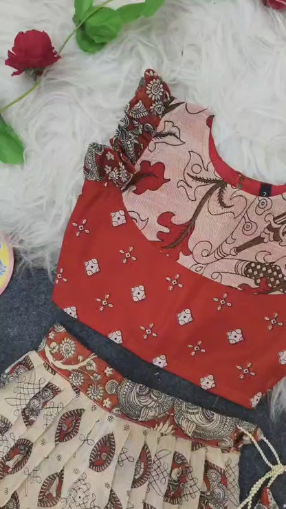 Girls Linen Blend Skirt Set with Contrast Motif Design