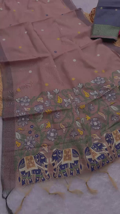 Pure Jamdani Silk Saree with Rich Zari Weave and Contrast Blouse