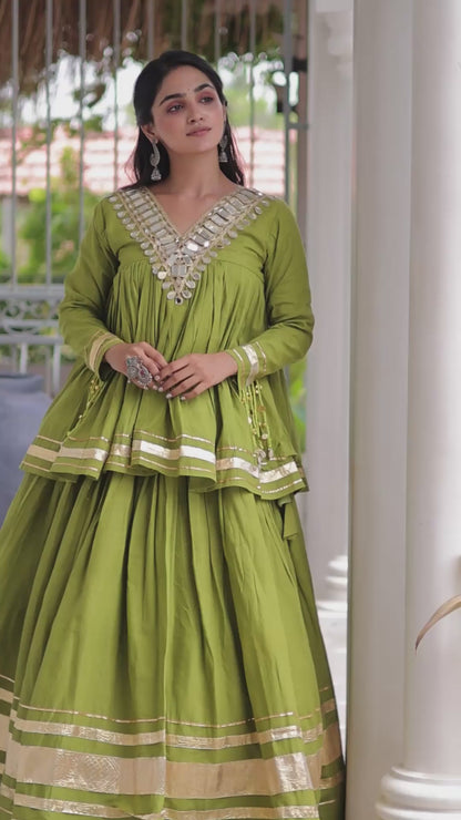 Kora Cotton Zari Gota Patti Lehenga Choli with Mirror Lace Work