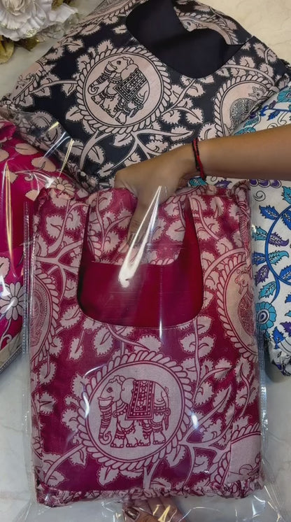 Traditional Kalamkari Vichithra Silk Frock with Contrast Colour Fusion
