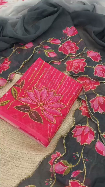 TeBy Silk Floral Digital Print Saree with Cutdana Khatli Work