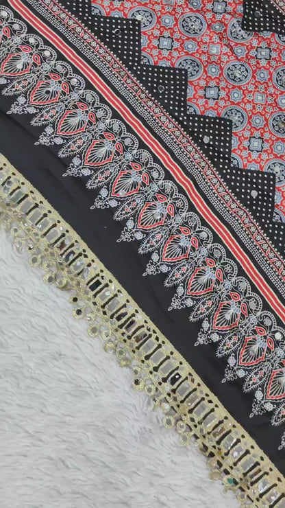 Japan Satin Semi Gajji Silk Bandhani Saree with Peacock Pallu and Mirror Lace Border