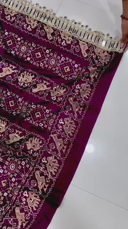 Pure Arjakh Sartin Viscous Silk Saree with Designer Print, Mirror Work & Designer Blouse