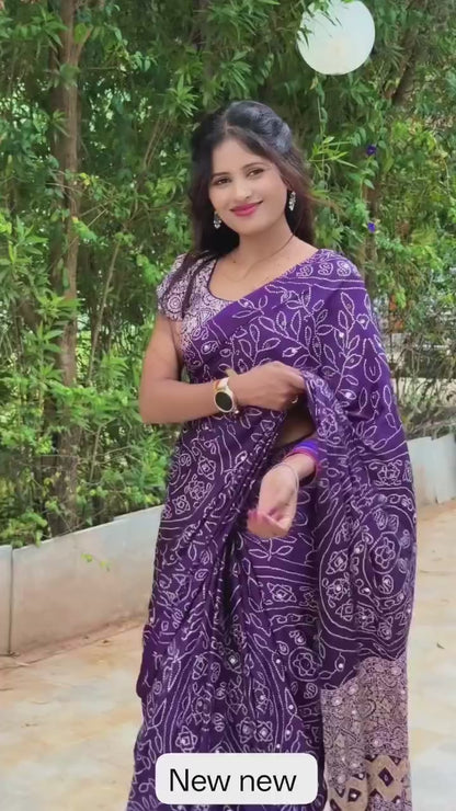 Pure Arjakh Satin Viscose Silk Saree with Designer Print, Mirror Work and Designer Blouse