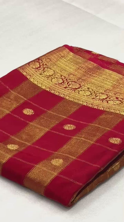 Pure Viscose Malai Silk Check Pattern Saree with Matching Blouse