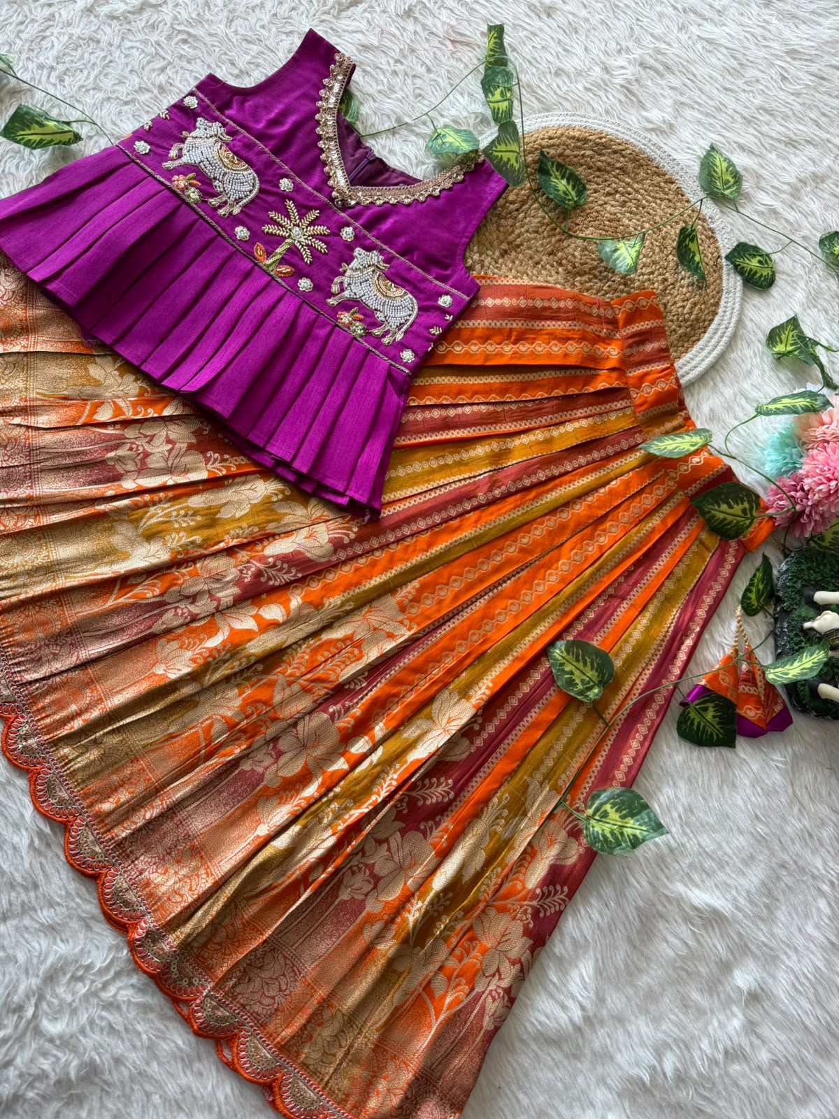 Kids Pattu Pavadai Sattai with Pichwai Work and Tissue Strip Skirt
