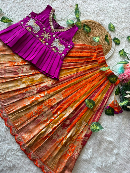 Kids Pattu Pavadai Sattai with Pichwai Work and Tissue Strip Skirt