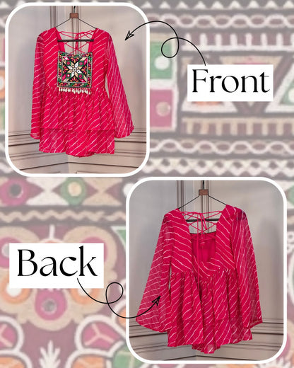 Navratri Stitched Laheriya Print Top with Kutchi Gamthi Patchwork