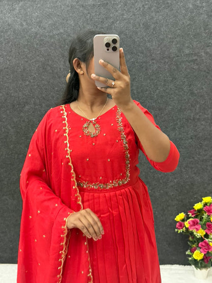 Handwork Vichitra Silk Anarkali Gown with Sequence Work Dupatta