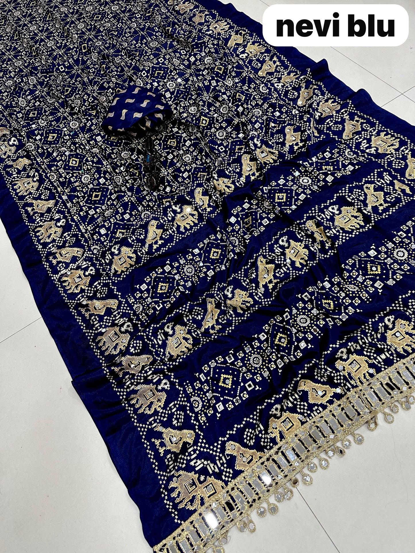 Pure Arjakh Sartin Viscous Silk Saree with Designer Print, Mirror Work & Designer Blouse