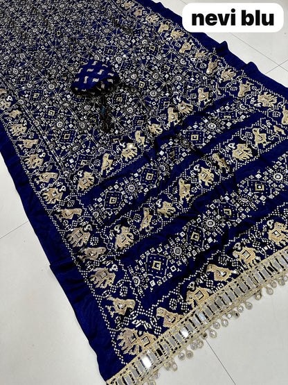 Pure Arjakh Sartin Viscous Silk Saree with Designer Print, Mirror Work & Designer Blouse