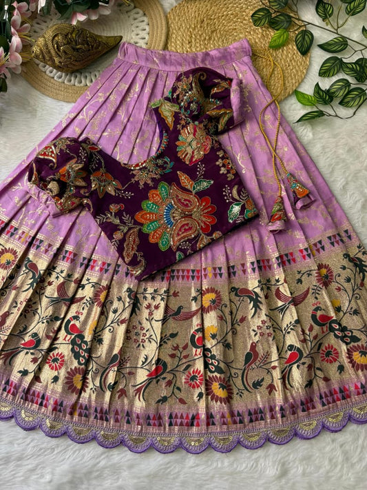 Pure Dola Silk Lehenga with Zari Weaving Border and Natural Crepe Top