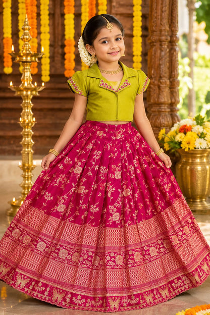 Royal Trio Contrast Kids Lehenga Choli with Floral Zari Work
