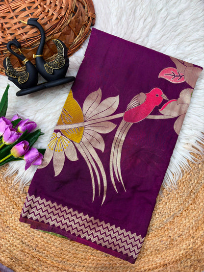 Khadi Crepe Silk Hand-Dyed Saree with Bird Motifs and Fancy Latkans