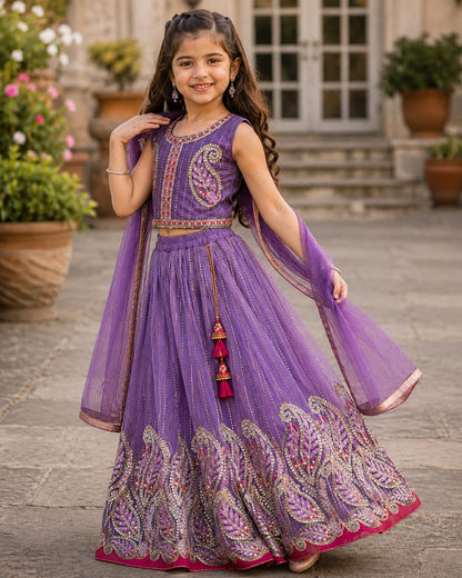 Girls Lavender & Off White Georgette Embroidered Lehenga Choli Set