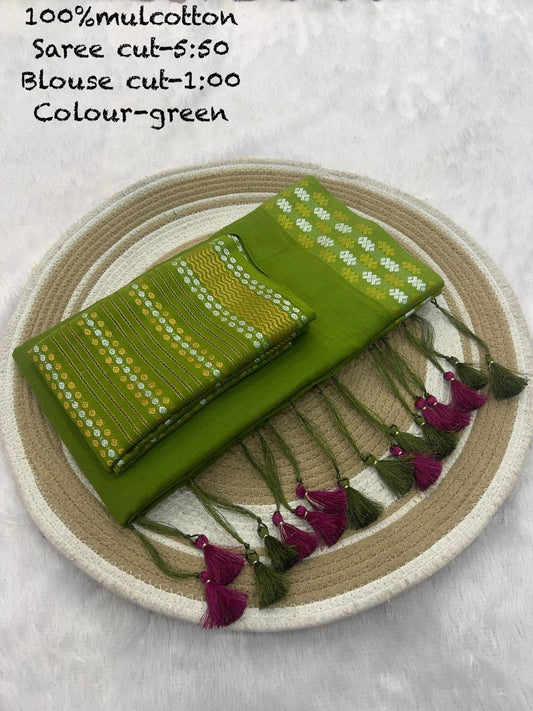 Mul Cotton Saree with Resham Silver Golden Border and Cotton Weaving Blouse