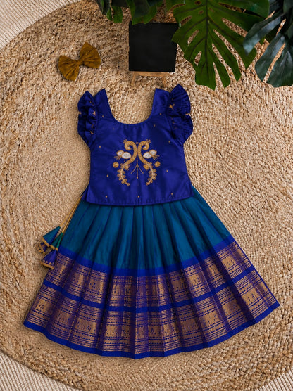 Kids Pure Silk Lehenga Choli with All-Over Zari Weaving and Hand Work