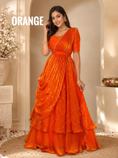 Heavy Space Silk Double Frill Lehenga Choli Set with Sequins Embroidery