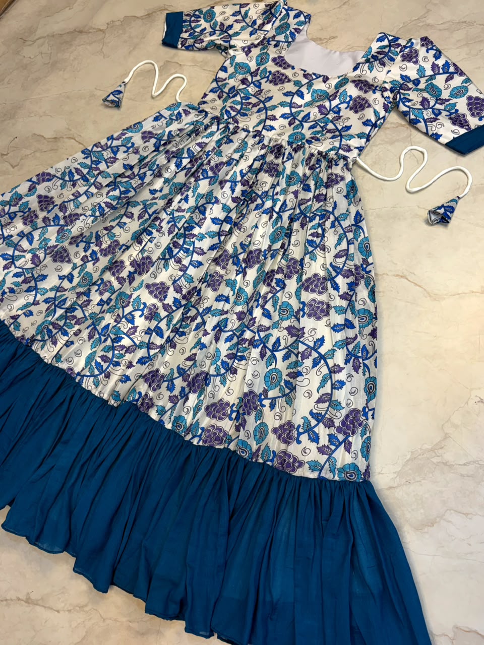 Traditional Kalamkari Vichithra Silk Frock with Contrast Colour Fusion