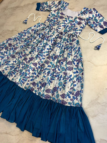 Traditional Kalamkari Vichithra Silk Frock with Contrast Colour Fusion