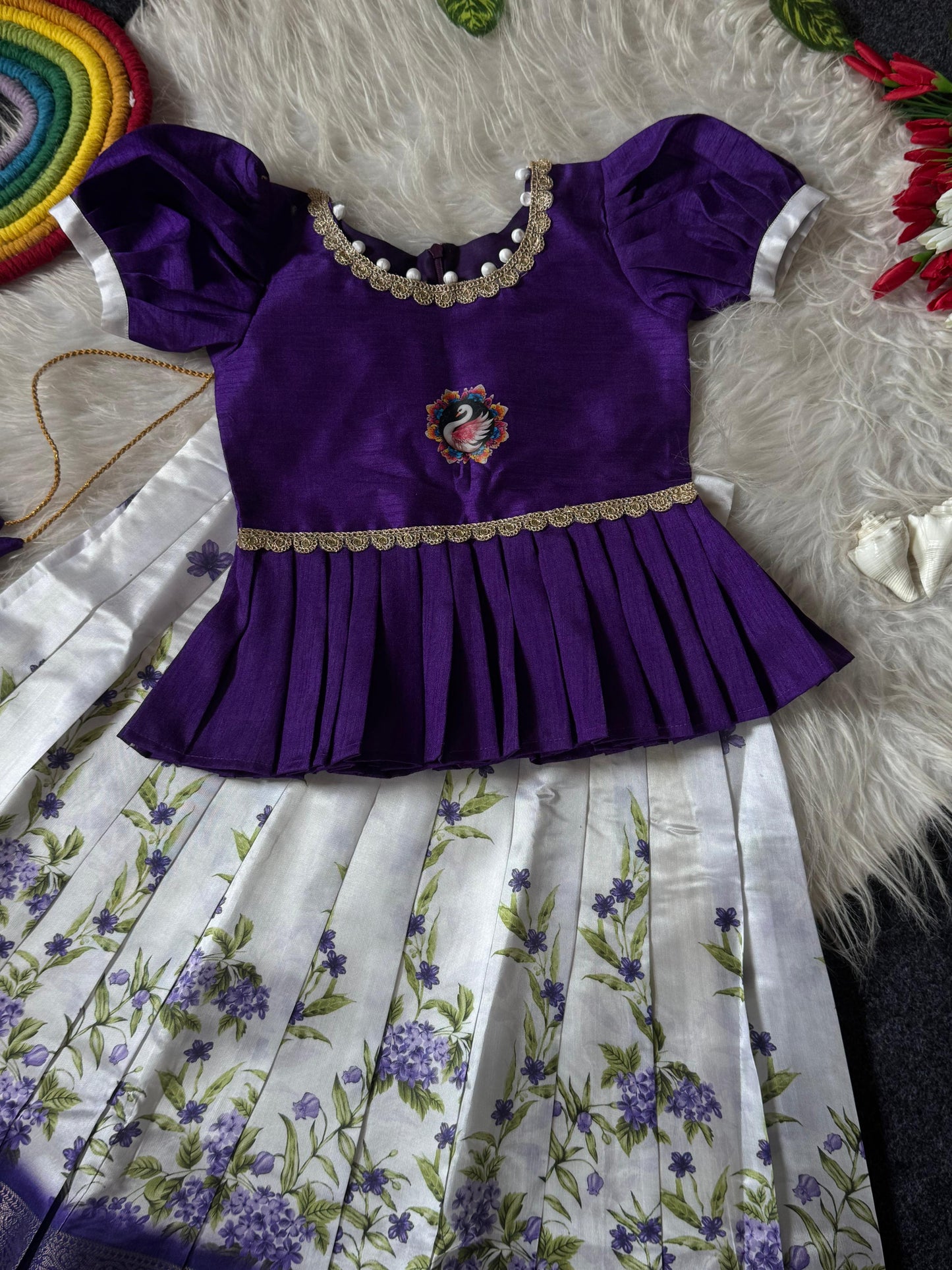 Little Kids Soft Silk Lehenga Choli with Zari Lace and Flower Net Work