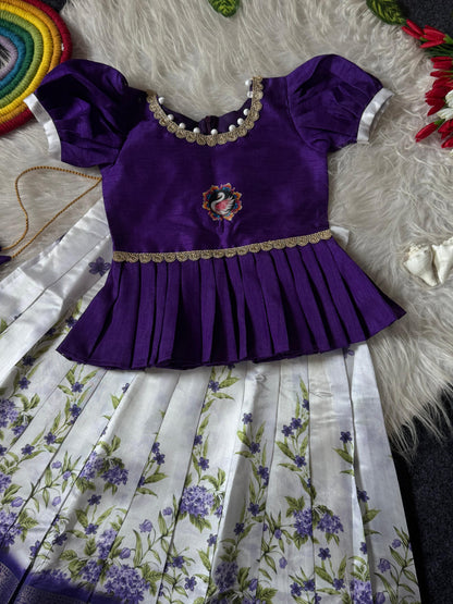 Little Kids Soft Silk Lehenga Choli with Zari Lace and Flower Net Work