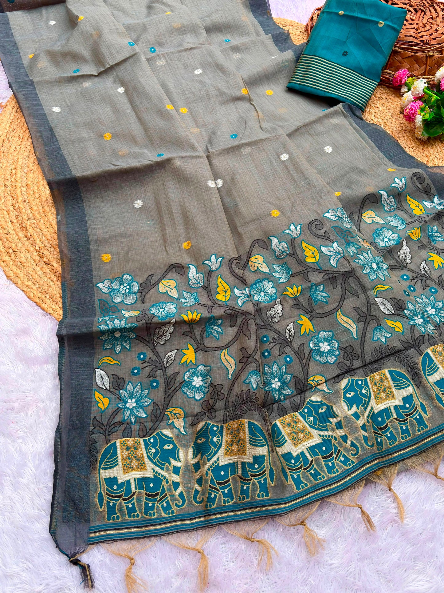 Pure Jamdani Silk Saree with Rich Zari Weave and Contrast Blouse