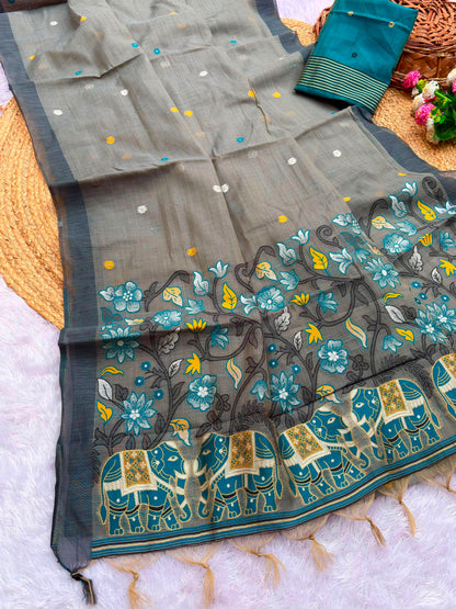 Pure Jamdani Silk Saree with Rich Zari Weave and Contrast Blouse