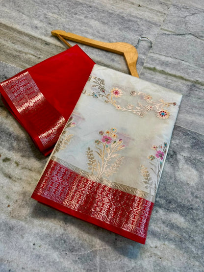 Banarasi Katan Silk Saree with Zari Butti and Contrast Jacquard Pallu