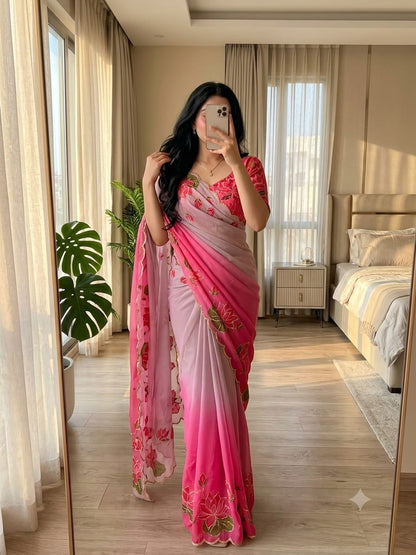 TeBy Silk Floral Digital Print Saree with Cutdana Khatli Work
