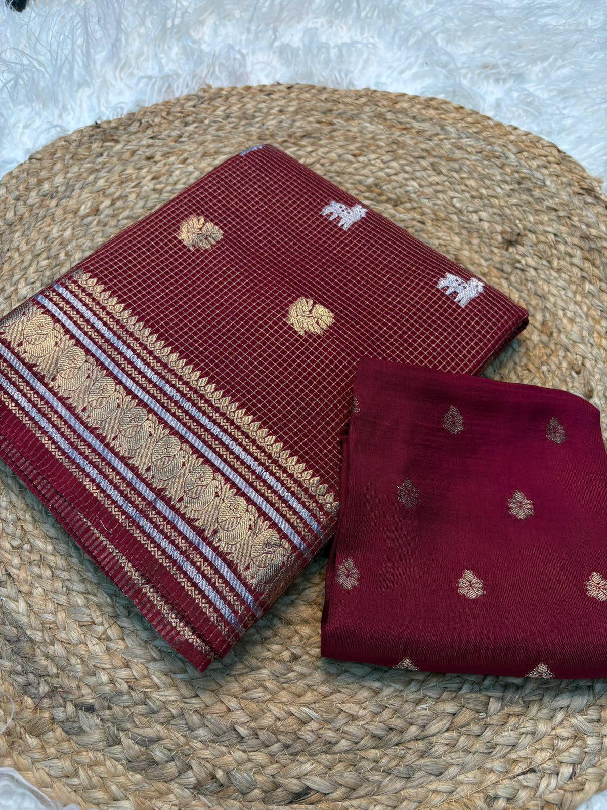 Golden Silver Pure Russian Dola Saree with Zari Peacock & Deer Weaving and Viscose Blouse