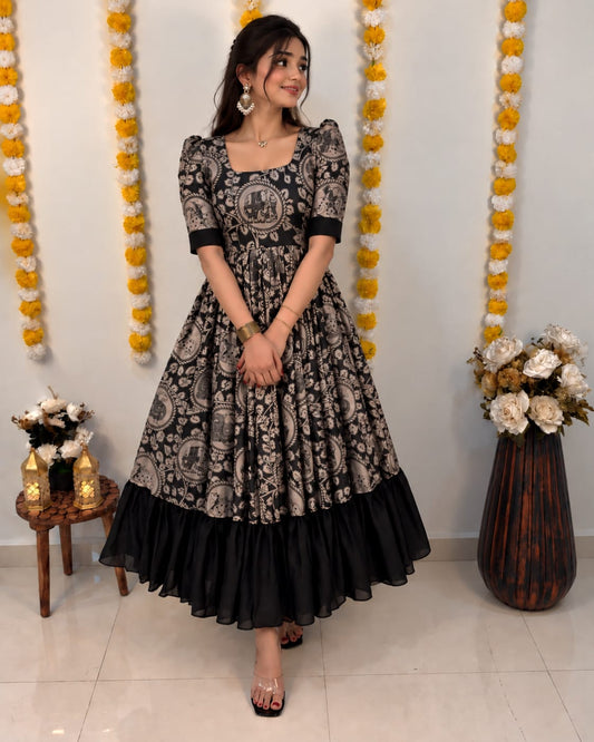 Traditional Kalamkari Vichithra Silk Frock with Contrast Colour Fusion