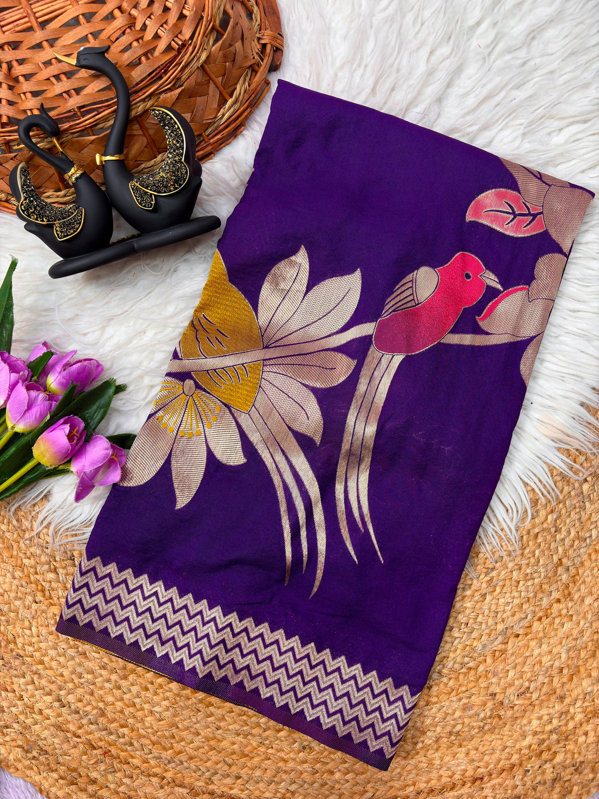 Khadi Crepe Silk Hand-Dyed Saree with Bird Motifs and Fancy Latkans