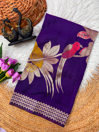 Khadi Crepe Silk Hand-Dyed Saree with Bird Motifs and Fancy Latkans